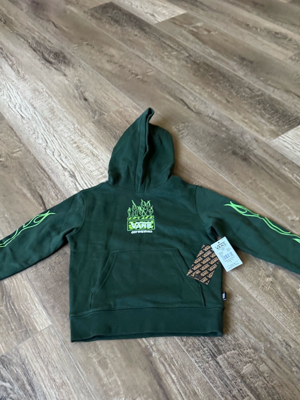 Vans Kids Dark Green Hoodie with Neon Green Flame Graphics